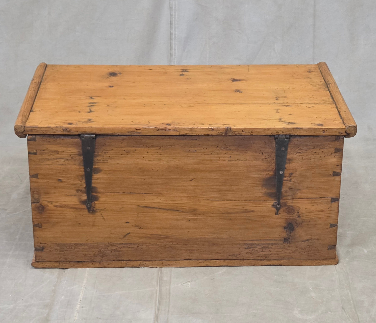 Antique German Natural Pine Storage Trunk with Original Iron Key