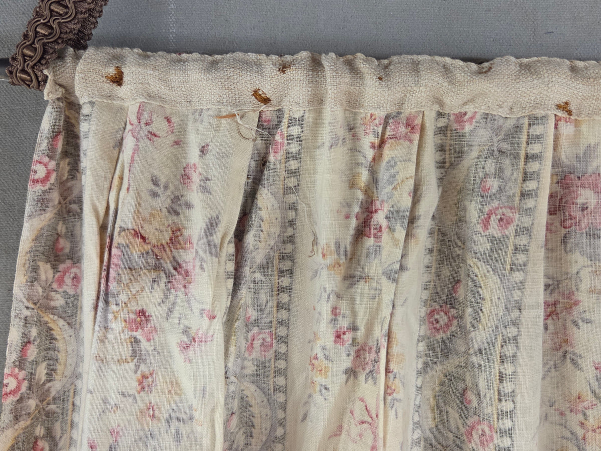 Antique 1920s French Cotton Curtain Panel, Pink and Brown Stripe With Florals
