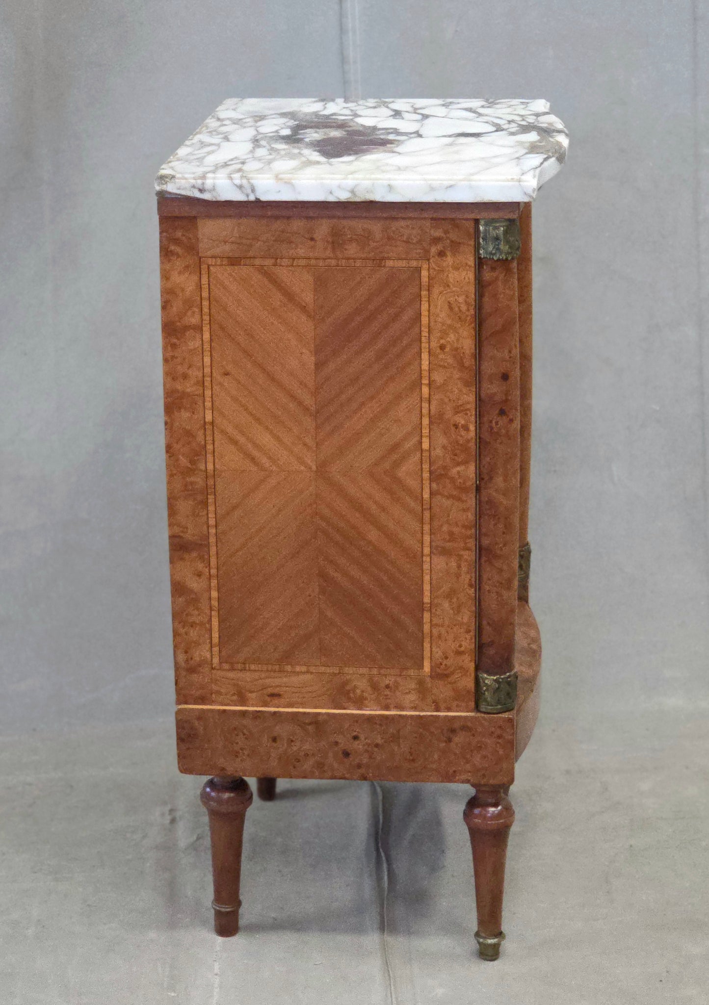 Antique French Art Nouveau Burl Marble Marquetry Nightstand With Bronze Ormolu