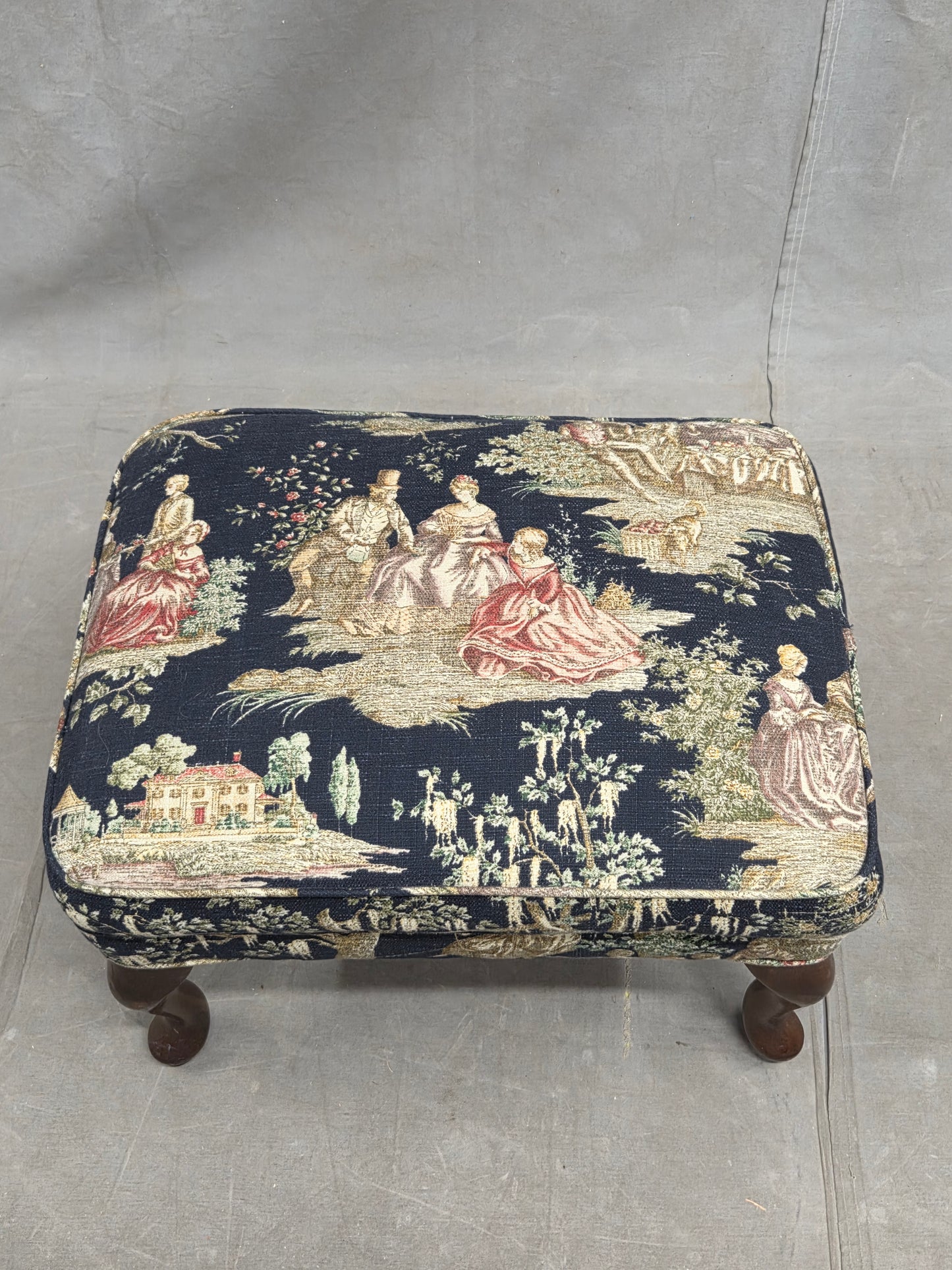 Pair of Vintage Queen Anne Chairs and Ottoman with Black Toile Upholstery