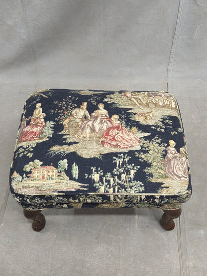 Pair of Vintage Queen Anne Chairs and Ottoman with Black Toile Upholstery