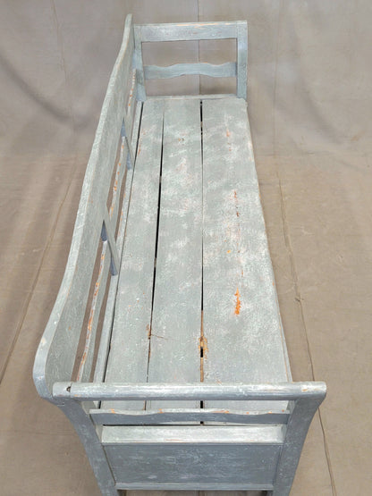 Antique 19th Century Swedish Storage Bench with Blue/Gray Paint and Linen Cushion