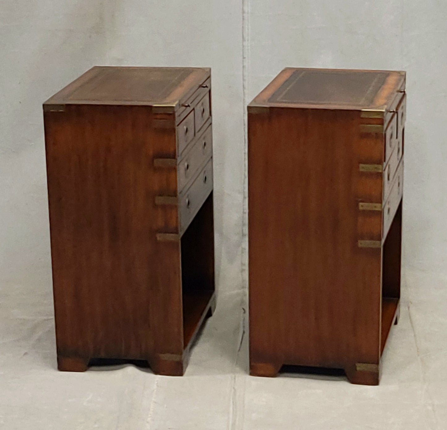 Vintage Campaign Style English Nightstands with Leather - a pair