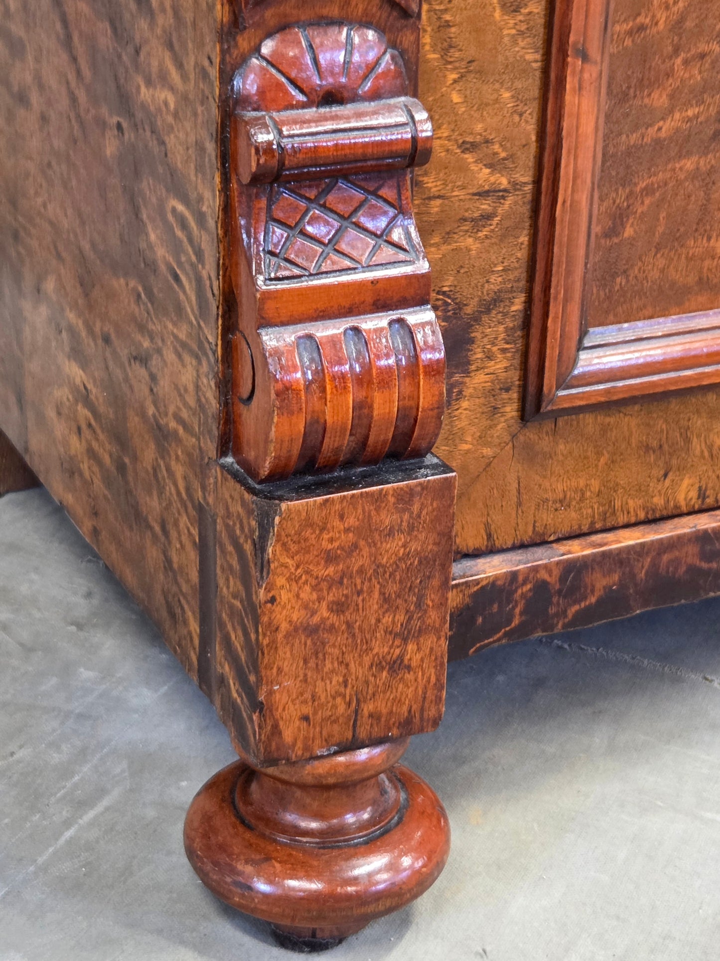 Antique 19th Century German Wilhelmenian Flame Birch Vertical Buffet Sideboard
