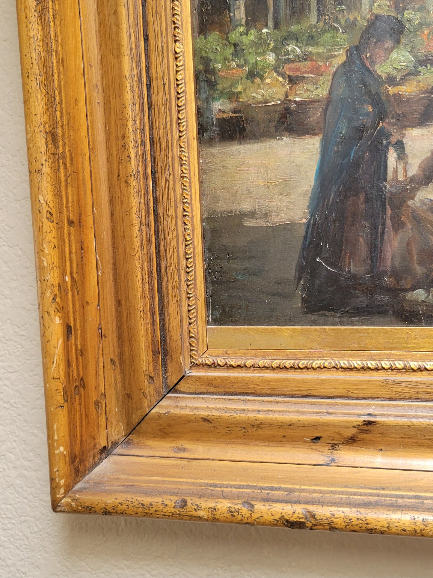 Antique Early 1900s Oil on Panel of a Venetian Market Scene by M.S. Loresen (?)