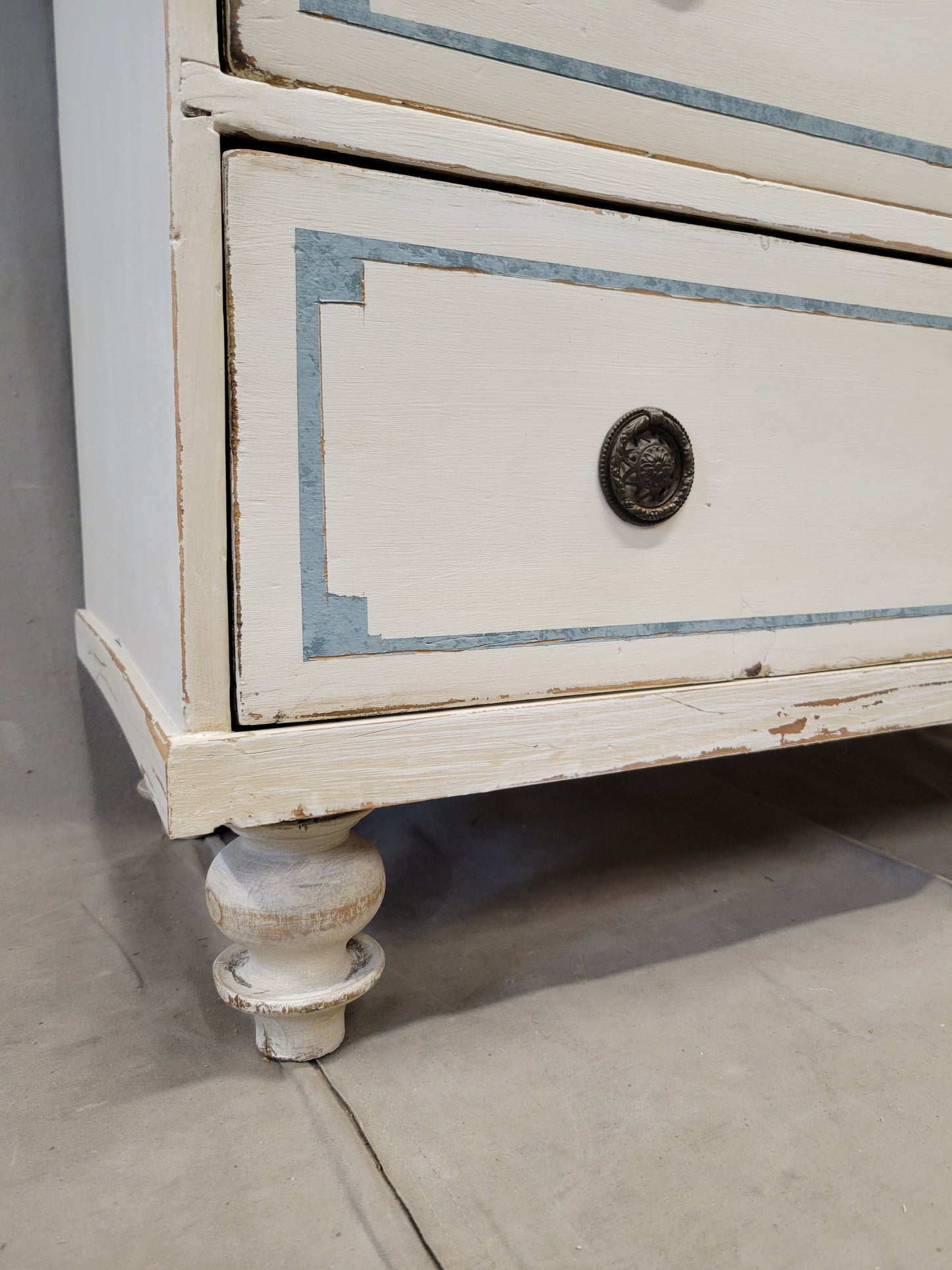 Antique English Pine Painted Dresser Chest of Drawers with Greek Key Motif
