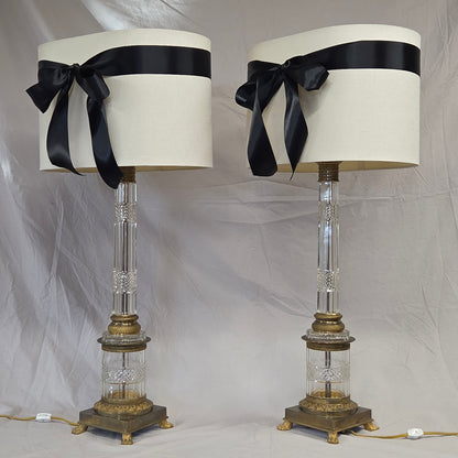 Vintage Crystal and Brass Column Table Lamps - Style of William Kessler Baccarat