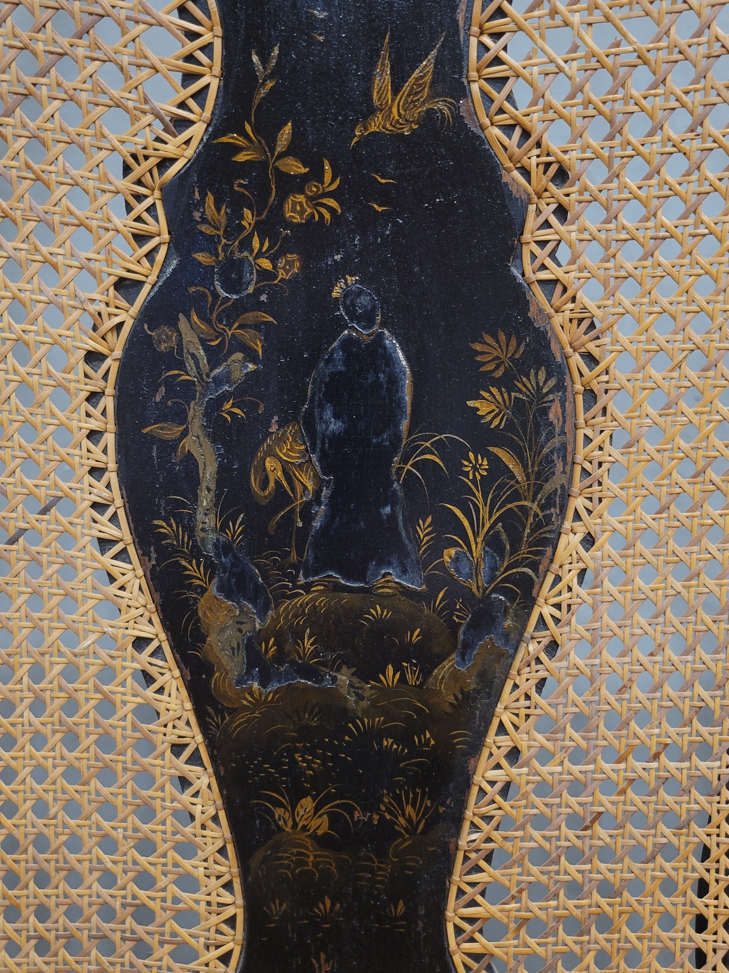 Antique 19th Century English Chinoiserie Lacquer and Cane Chair Back Settee