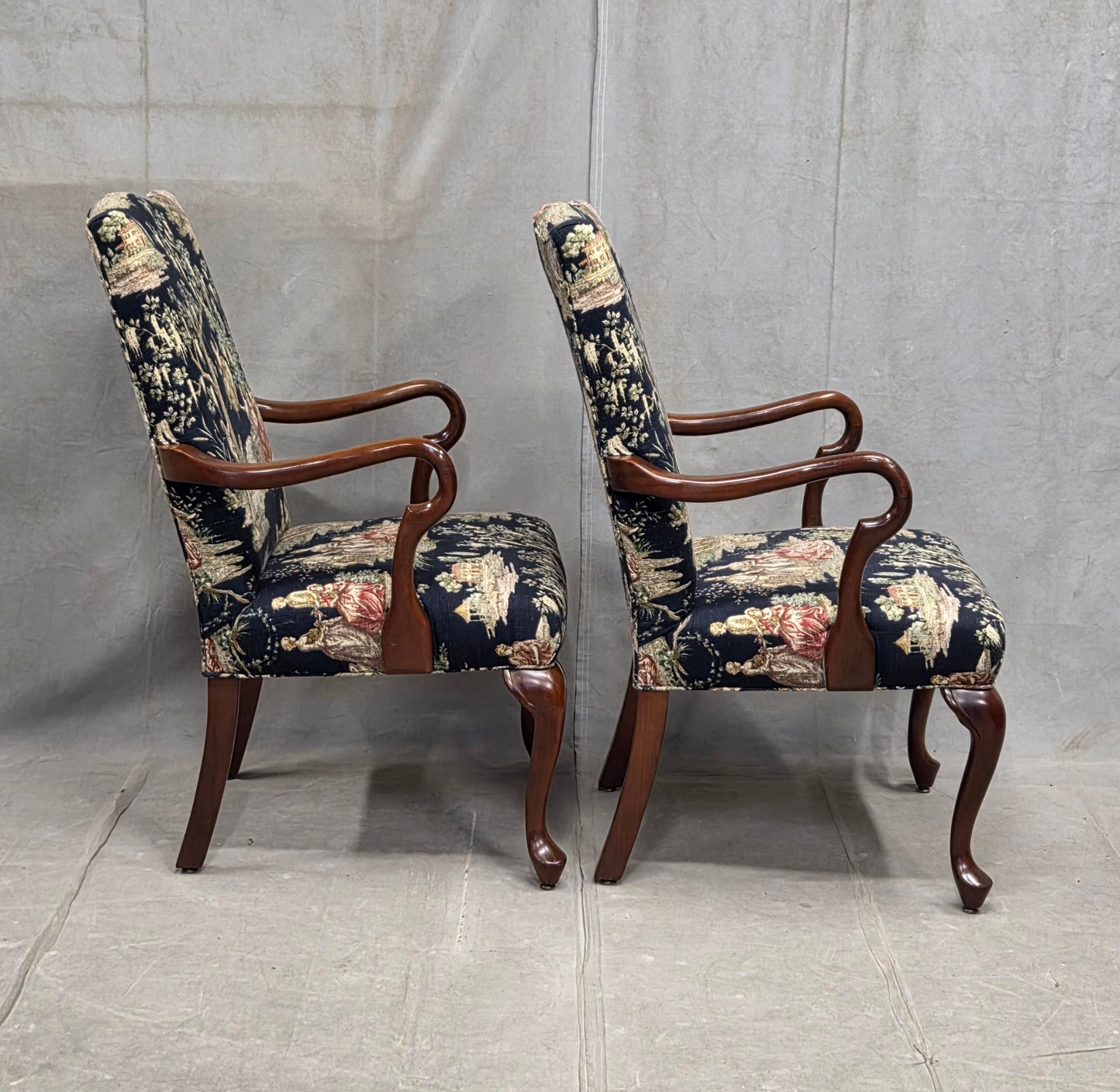 Pair of Vintage Queen Anne Chairs and Ottoman with Black Toile Upholstery