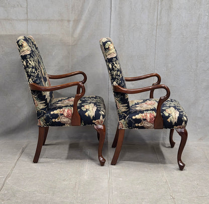 Pair of Vintage Queen Anne Chairs and Ottoman with Black Toile Upholstery