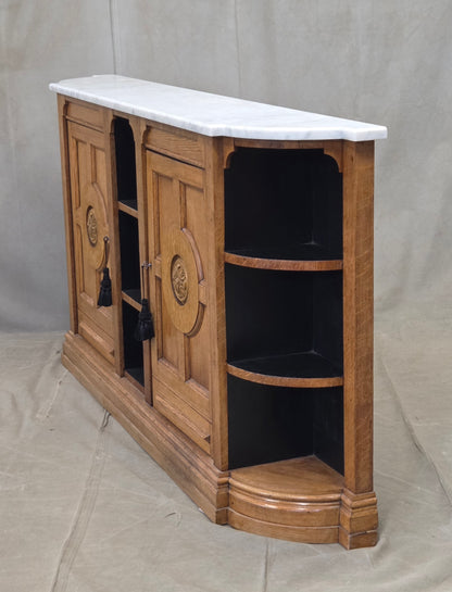 Antique Early 1900s Oak Console Cabinet With Doors, Shelves and a Marble Top