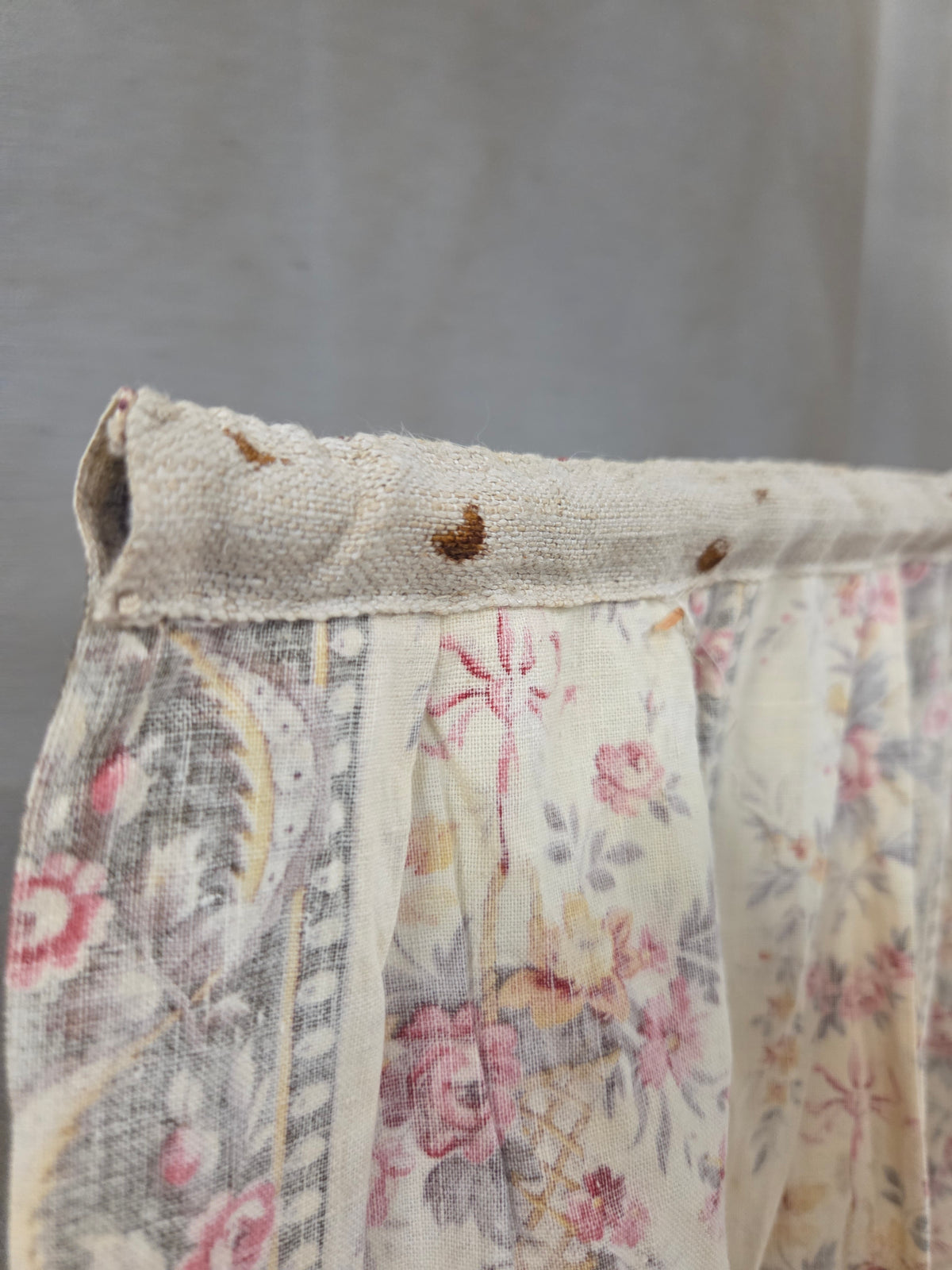 Antique 1920s French Cotton Curtain Panel, Pink and Brown Stripe With Florals