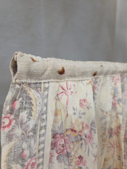 Antique 1920s French Cotton Curtain Panel, Pink and Brown Stripe With Florals