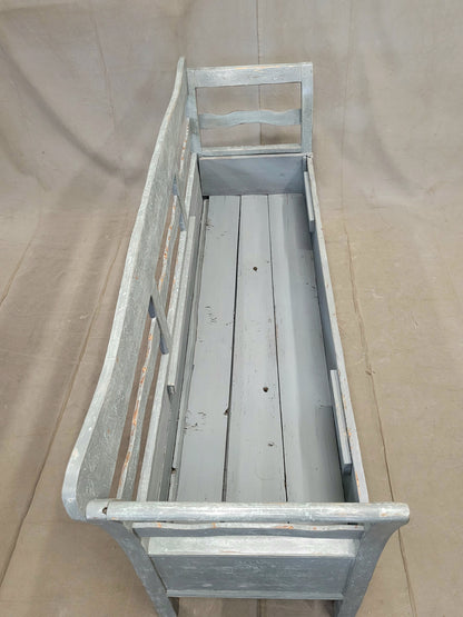 Antique 19th Century Swedish Storage Bench with Blue/Gray Paint and Linen Cushion