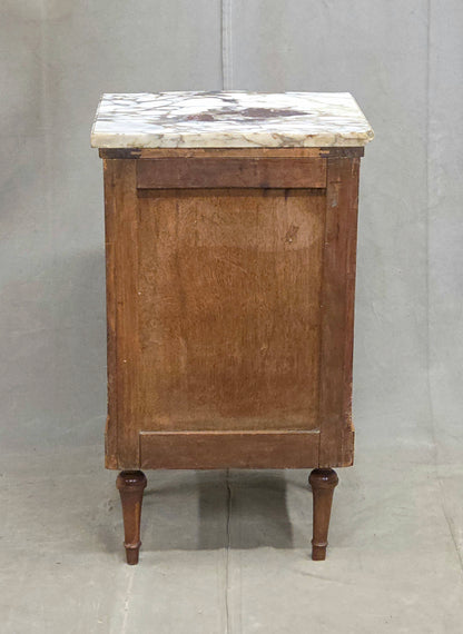 Antique French Art Nouveau Burl Marble Marquetry Nightstand With Bronze Ormolu