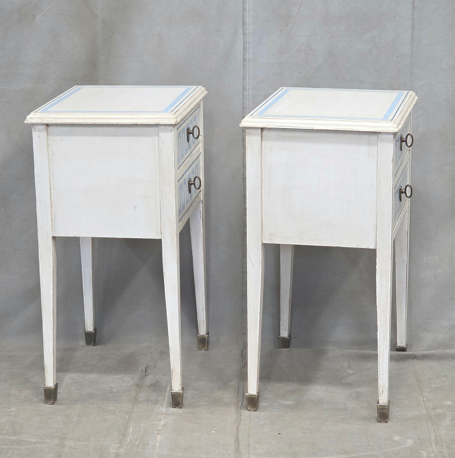 Vintage Mahogany Nightstands With Handpainted Greek Key Motif - A Pair