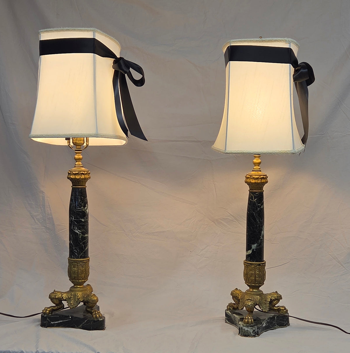 Vintage Pair French Empire Neoclassical Style Marble and Gilt Bronze Table Lamps