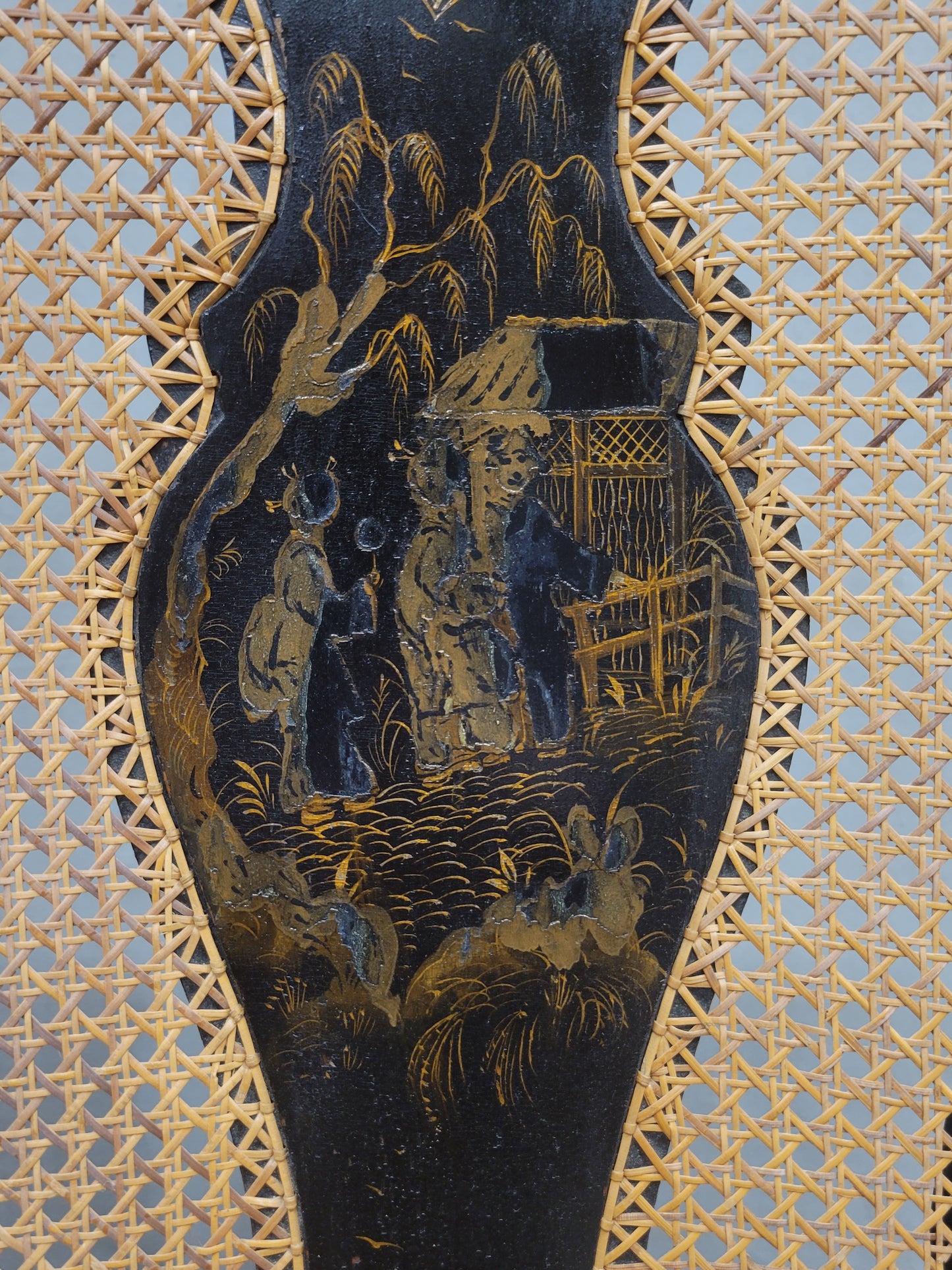 Antique 19th Century English Chinoiserie Lacquer and Cane Chair Back Settee