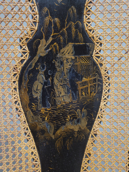Antique 19th Century English Chinoiserie Lacquer and Cane Chair Back Settee