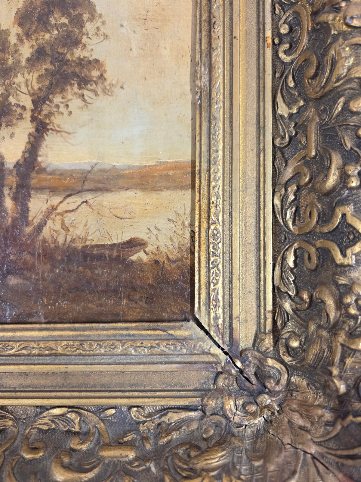Antique Dutch Late 1800s Sunrise Over Water Landscape, Original Frame, Signed