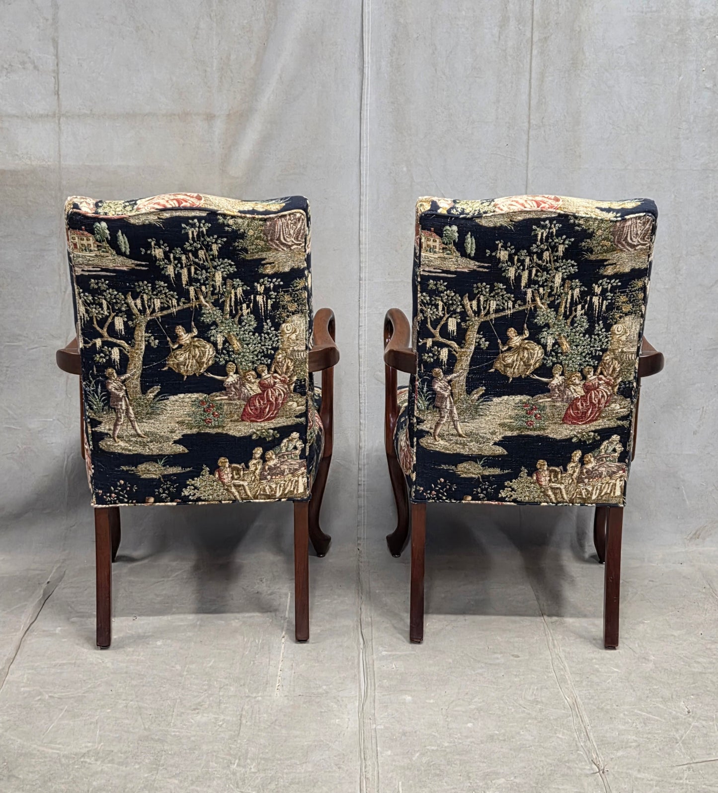 Pair of Vintage Queen Anne Chairs and Ottoman with Black Toile Upholstery