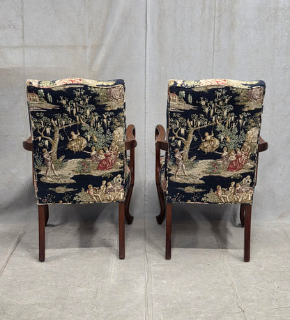 Pair of Vintage Queen Anne Chairs and Ottoman with Black Toile Upholstery