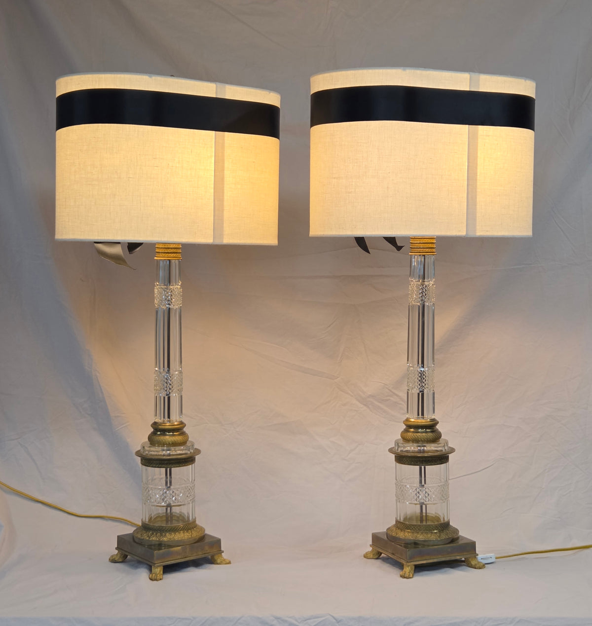 Vintage Crystal and Brass Column Table Lamps - Style of William Kessler Baccarat