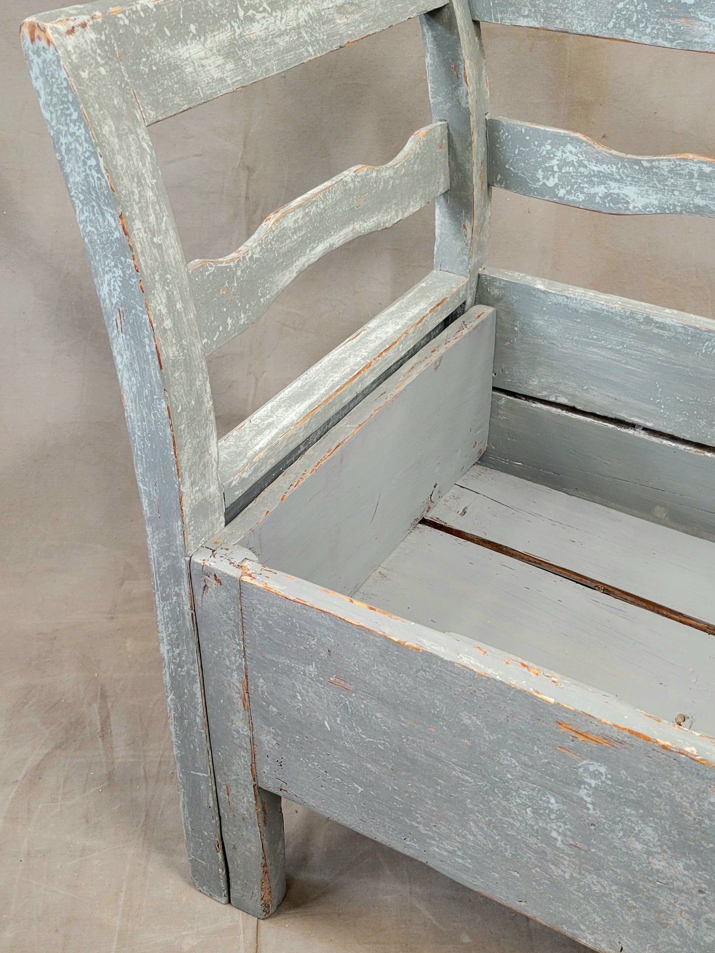 Antique 19th Century Swedish Storage Bench with Blue/Gray Paint and Linen Cushion