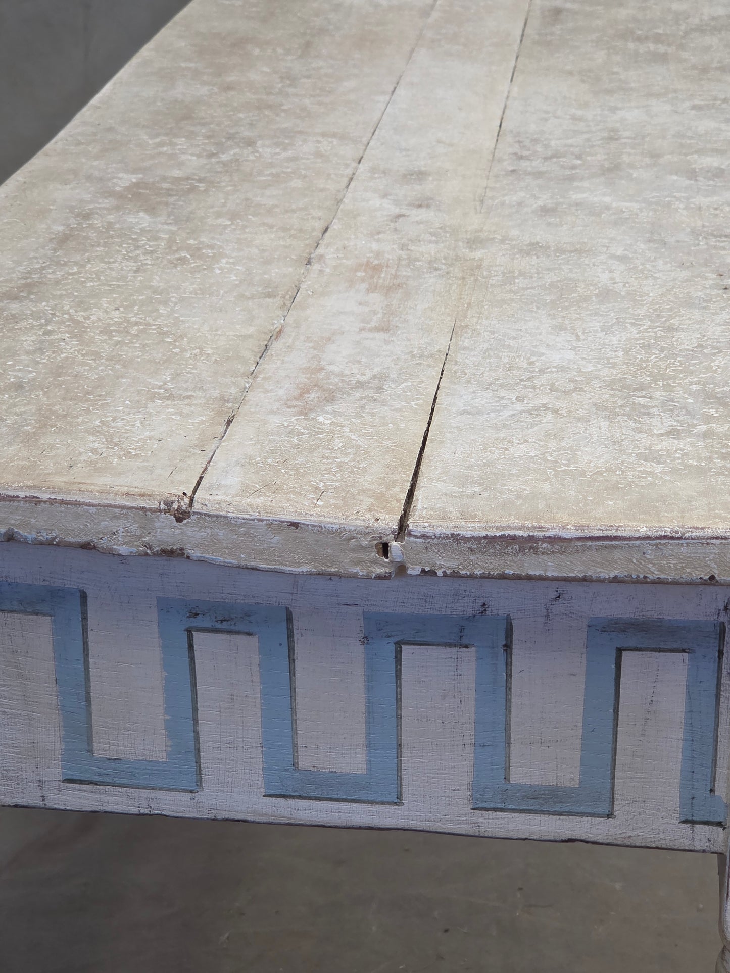 Antique French Rustic Painted Pine Console Table with Greek Key Motif
