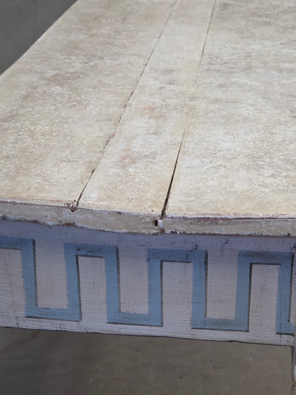 Antique French Rustic Painted Pine Console Table with Greek Key Motif