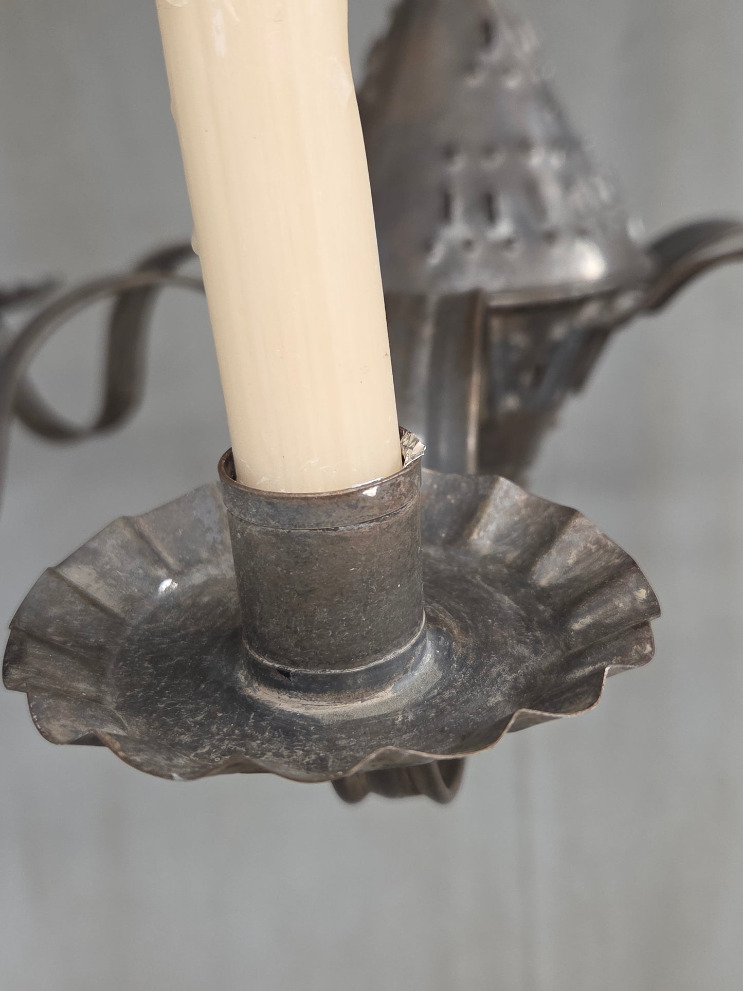 Antique Punched Tin Six-Arm Candle Chandelier, New Mexico, Spanish Colonial style