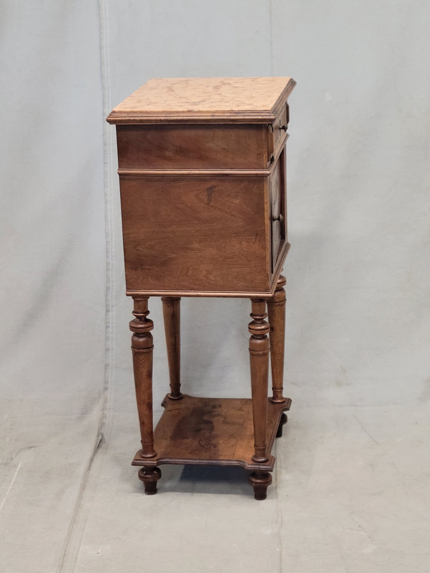 Antique French or Belgian Walnut Nightstands With Italian Marble - A Near Pair