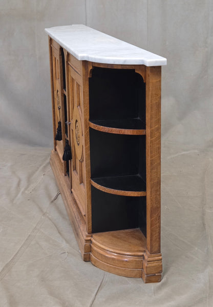 Antique Early 1900s Oak Console Cabinet With Doors, Shelves and a Marble Top
