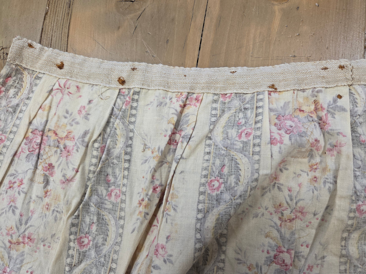 Antique 1920s French Cotton Curtain Panel, Pink and Brown Stripe With Florals