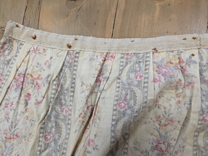 Antique 1920s French Cotton Curtain Panel, Pink and Brown Stripe With Florals