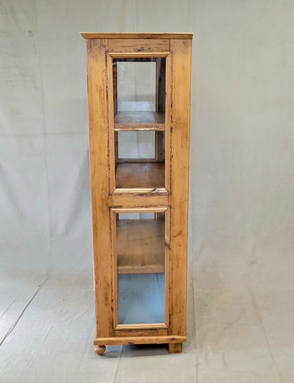 Antique German Pine Display Cabinet With Painted Blue Interior