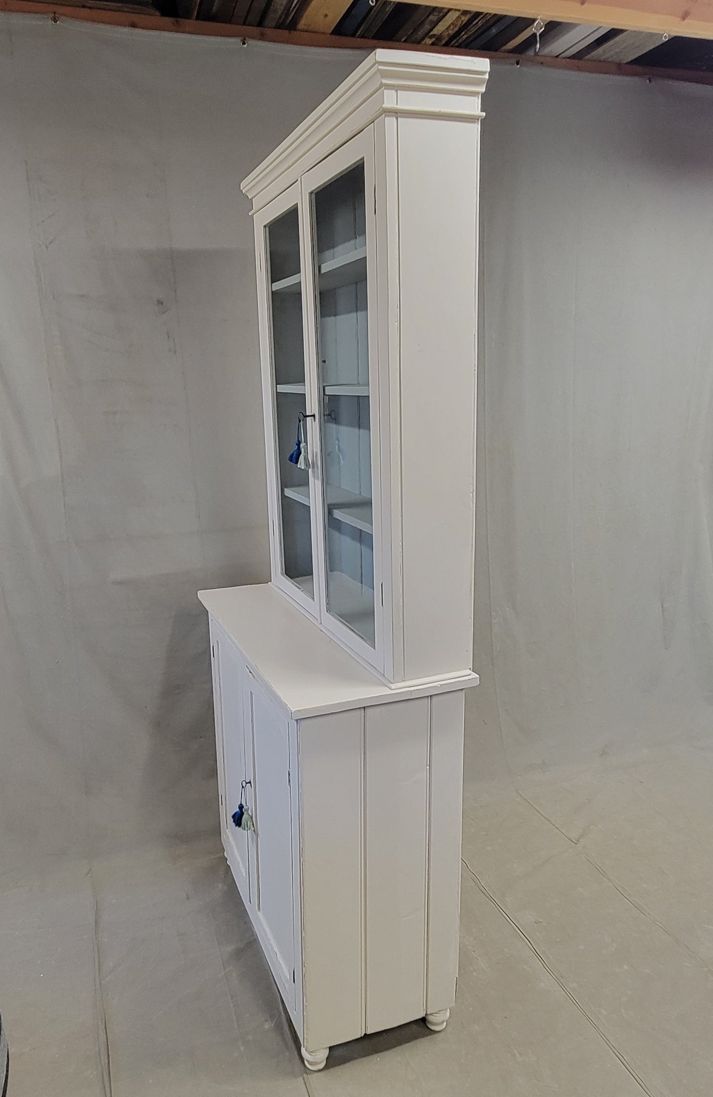 Antique English Country Painted Two Piece China or Curio Cabinet