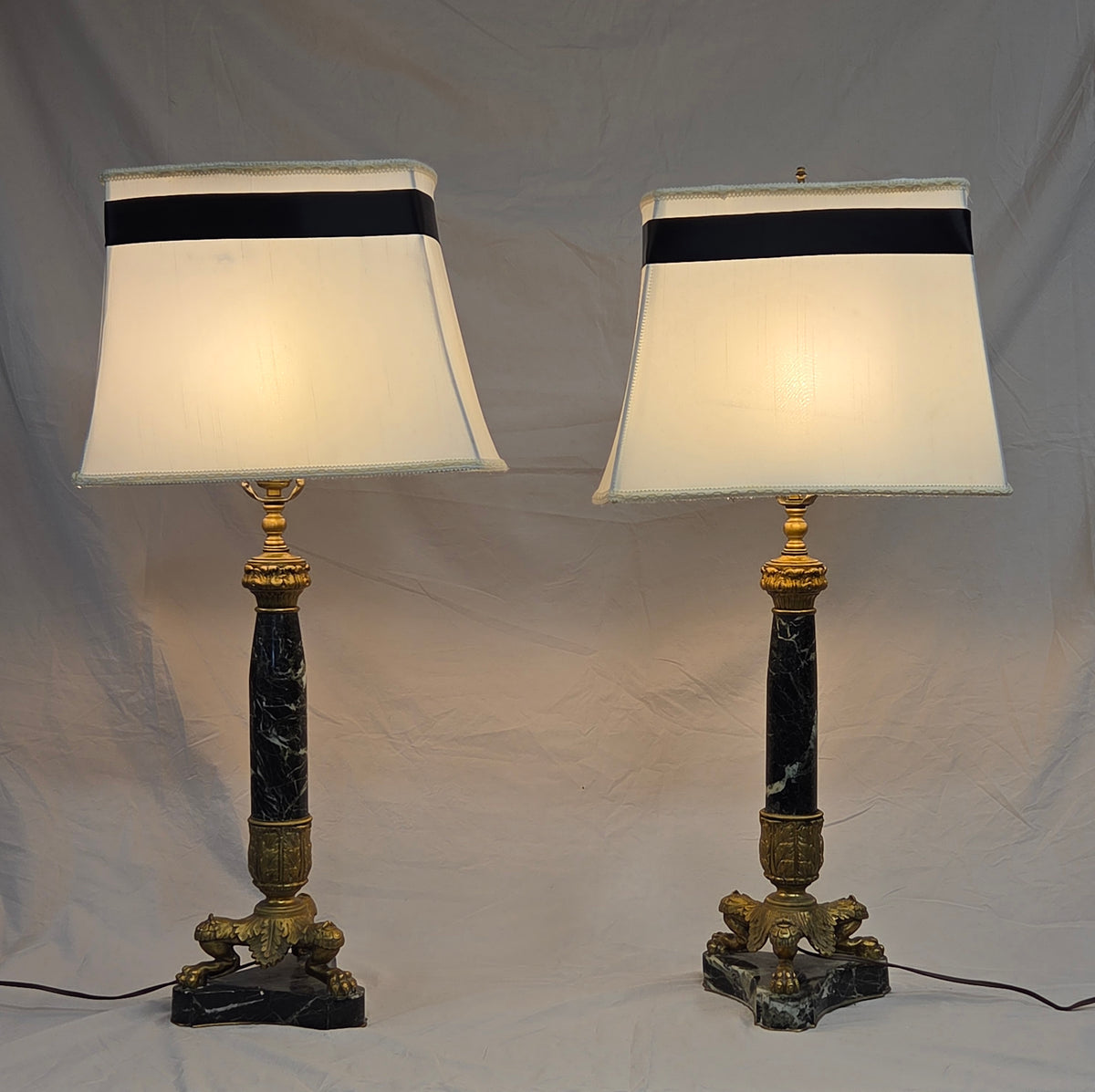 Vintage Pair French Empire Neoclassical Style Marble and Gilt Bronze Table Lamps