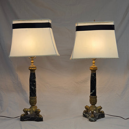 Vintage Pair French Empire Neoclassical Style Marble and Gilt Bronze Table Lamps