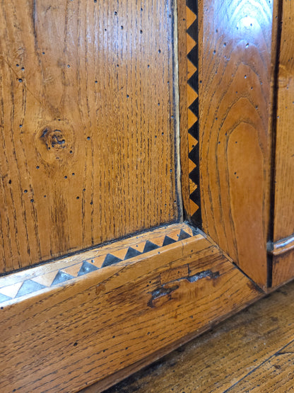 Antique French Elm Deux Corps Buffet Cabinet With Inlay and Fitted Interior