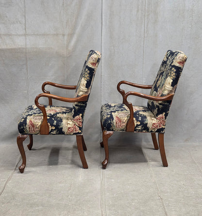 Pair of Vintage Queen Anne Chairs and Ottoman with Black Toile Upholstery