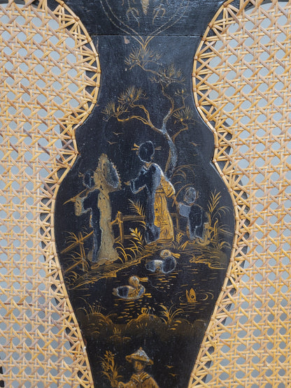 Antique 19th Century English Chinoiserie Lacquer and Cane Chair Back Settee
