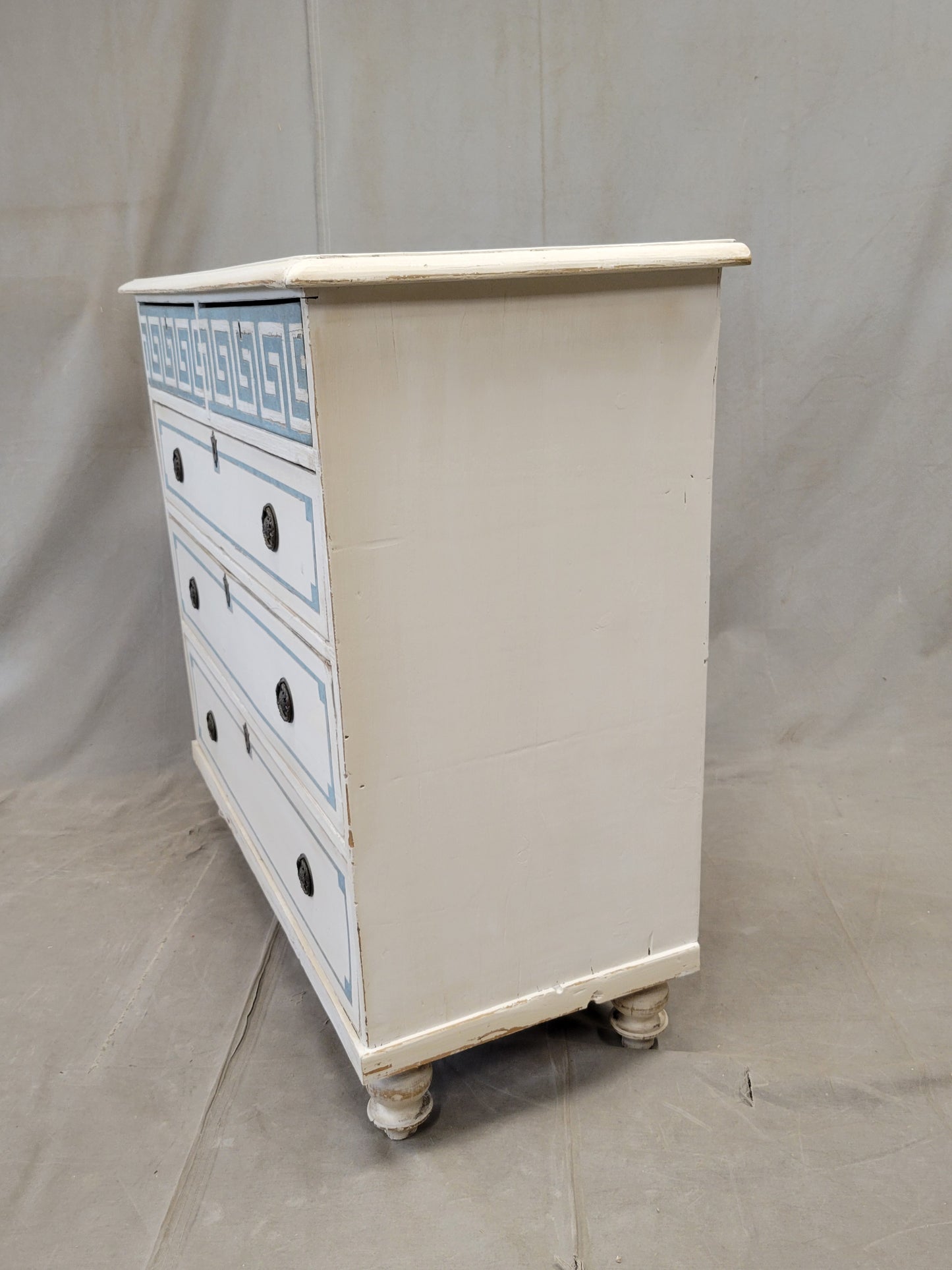 Antique English Pine Painted Dresser Chest of Drawers with Greek Key Motif
