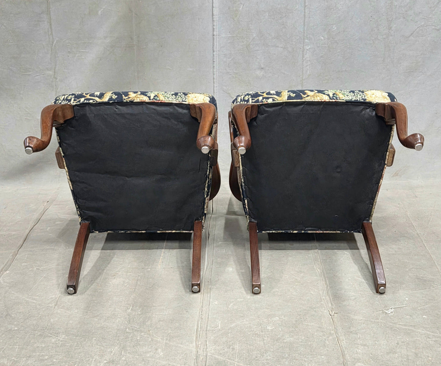 Pair of Vintage Queen Anne Chairs and Ottoman with Black Toile Upholstery