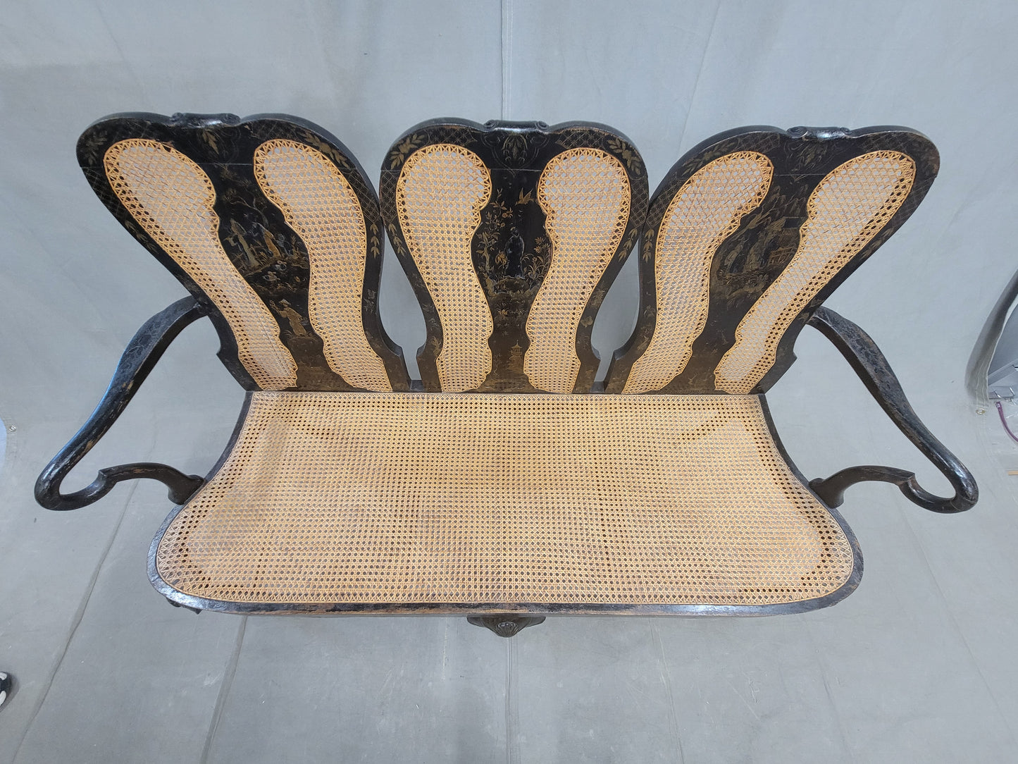 Antique 19th Century English Chinoiserie Lacquer and Cane Chair Back Settee