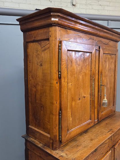 Antique French Elm Deux Corps Buffet Cabinet With Inlay and Fitted Interior