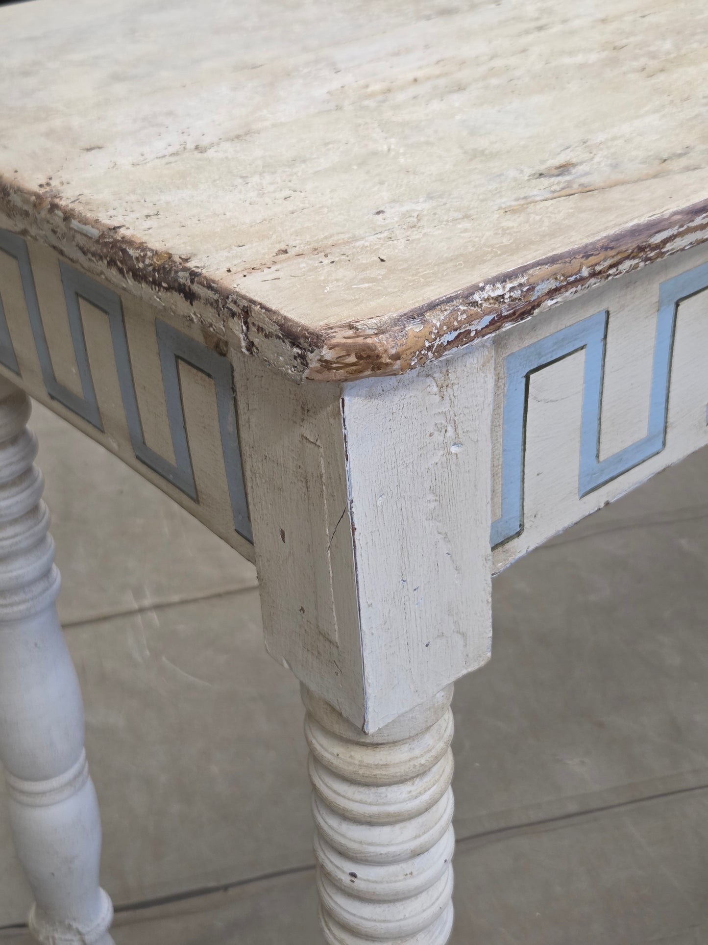 Antique French Rustic Painted Pine Console Table with Greek Key Motif