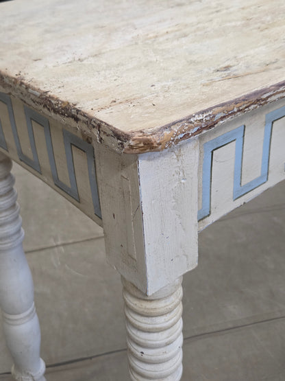 Antique French Rustic Painted Pine Console Table with Greek Key Motif