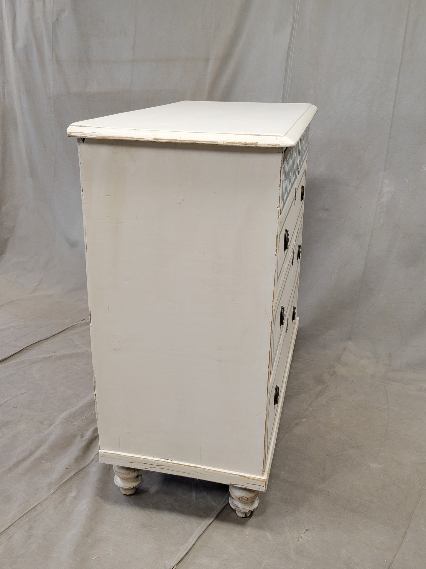 Antique English Pine Painted Dresser Chest of Drawers with Greek Key Motif