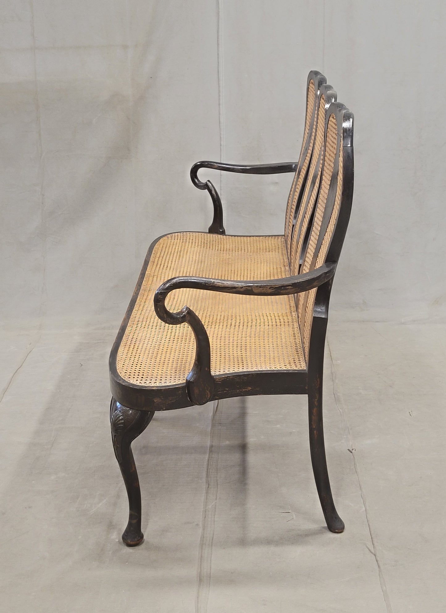 Antique 19th Century English Chinoiserie Lacquer and Cane Chair Back Settee